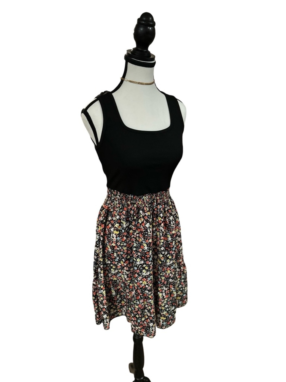 Women’s Black Floral Dress with Flared Skirt - Small, New - Picture 3 of 5